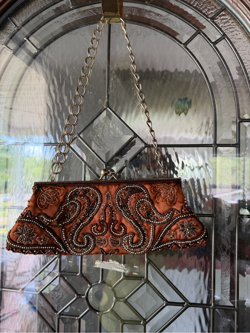 Embellished Copper Beaded Evening Clutch with Gold Chain